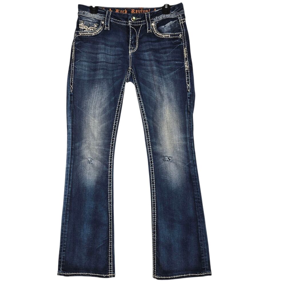 Rock Revival Jeans Womens 27 Blue Eloise Easy Boot Bootcut Contrast Stitch Bling